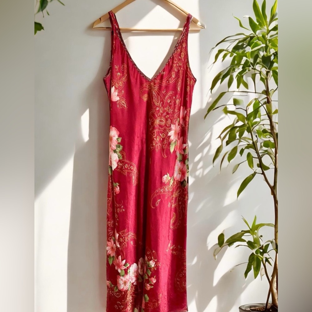 Vintage Red Satin Smooth Floral Paisley Midi Slip Dress